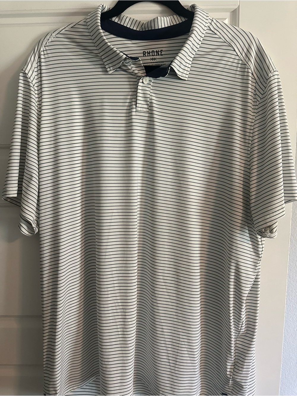 RHONE White Commuter Polo with Dark Green Stripes